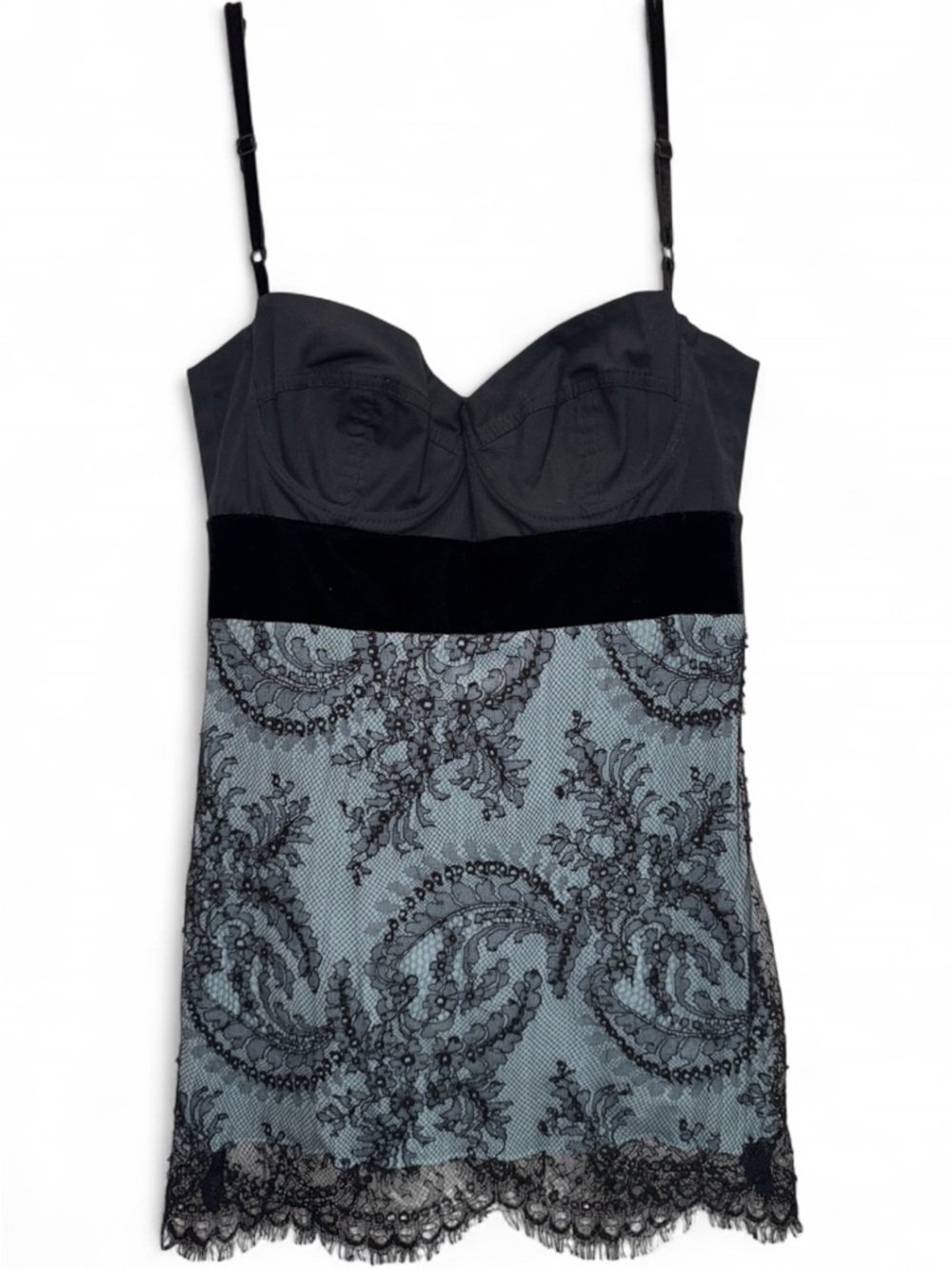 Ticci Tonetto Black & Blue Floral Lace Y2K Chemise Bustier Velvet Camisole Top P